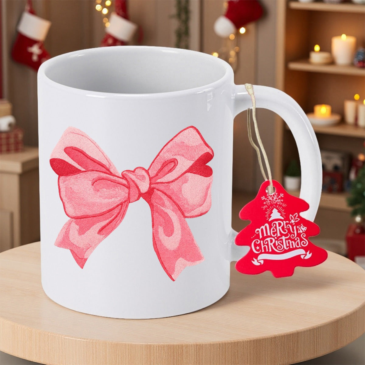 Tailorly White Ceramic 11 oz Mug - Merry Christmas Soft Pink Watercolor Ribbon Tied In A Delicate Festive Artistic Bow