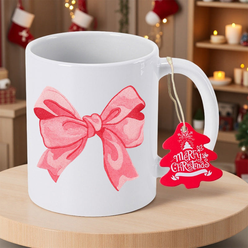 Tailorly White Ceramic 11 oz Mug - Merry Christmas Soft Pink Watercolor Ribbon Tied In A Delicate Festive Artistic Bow