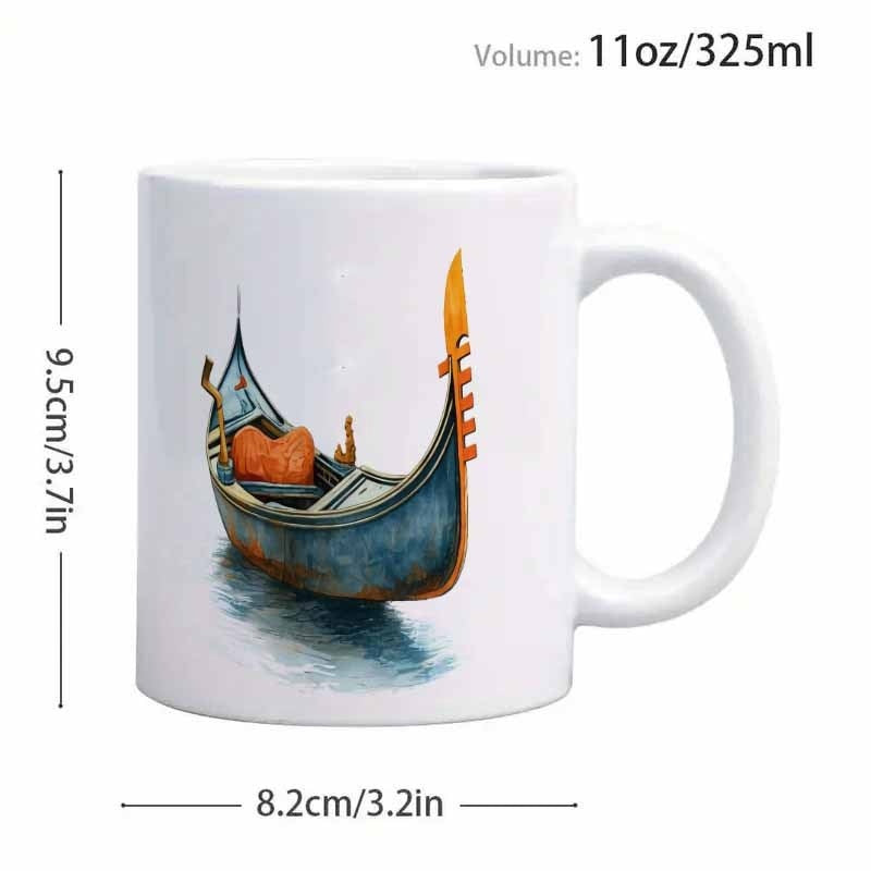 Tailorly White Ceramic 11 oz Mug - Watercolor Style Venetian Boat Floating Gracefully On Gentle Blue Rippling Water Gondola