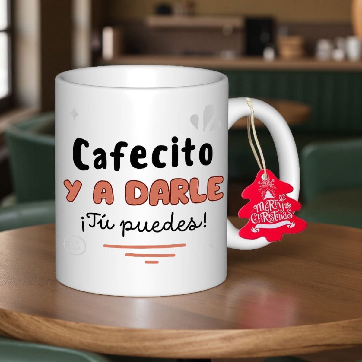 Tailorly White Ceramic 11 oz Mug - Merry Christmas Minimalist White Ceramic Coffee Cup Sitting On A Wooden Surface With Hearts Mug