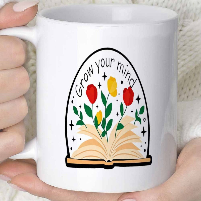 Tailorly White Ceramic 11 oz Mug - Grow Your Mind Colorful Flowers Blooming From Within An Open Illustrated Story Book