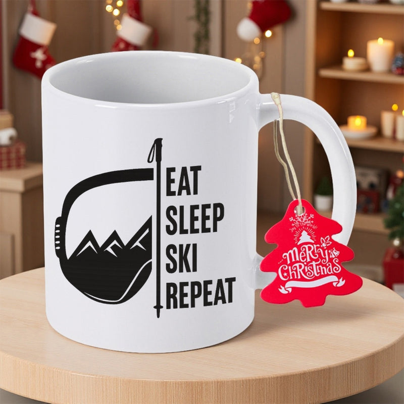Tailorly White Ceramic 11 oz Mug - Eat Sleep Ski Repeat Minimalist Winter Goggles Featuring Majestic Snow Capped Mountain Peaks Goggle
