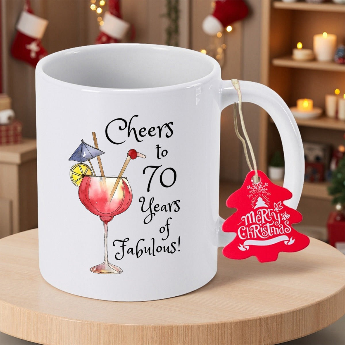 Tailorly White Ceramic 11 oz Mug - Cheers To 70 Years Of Fabulous Elegant Watercolor Cocktail Glass With Summer Garnish And Umbrella Drink
