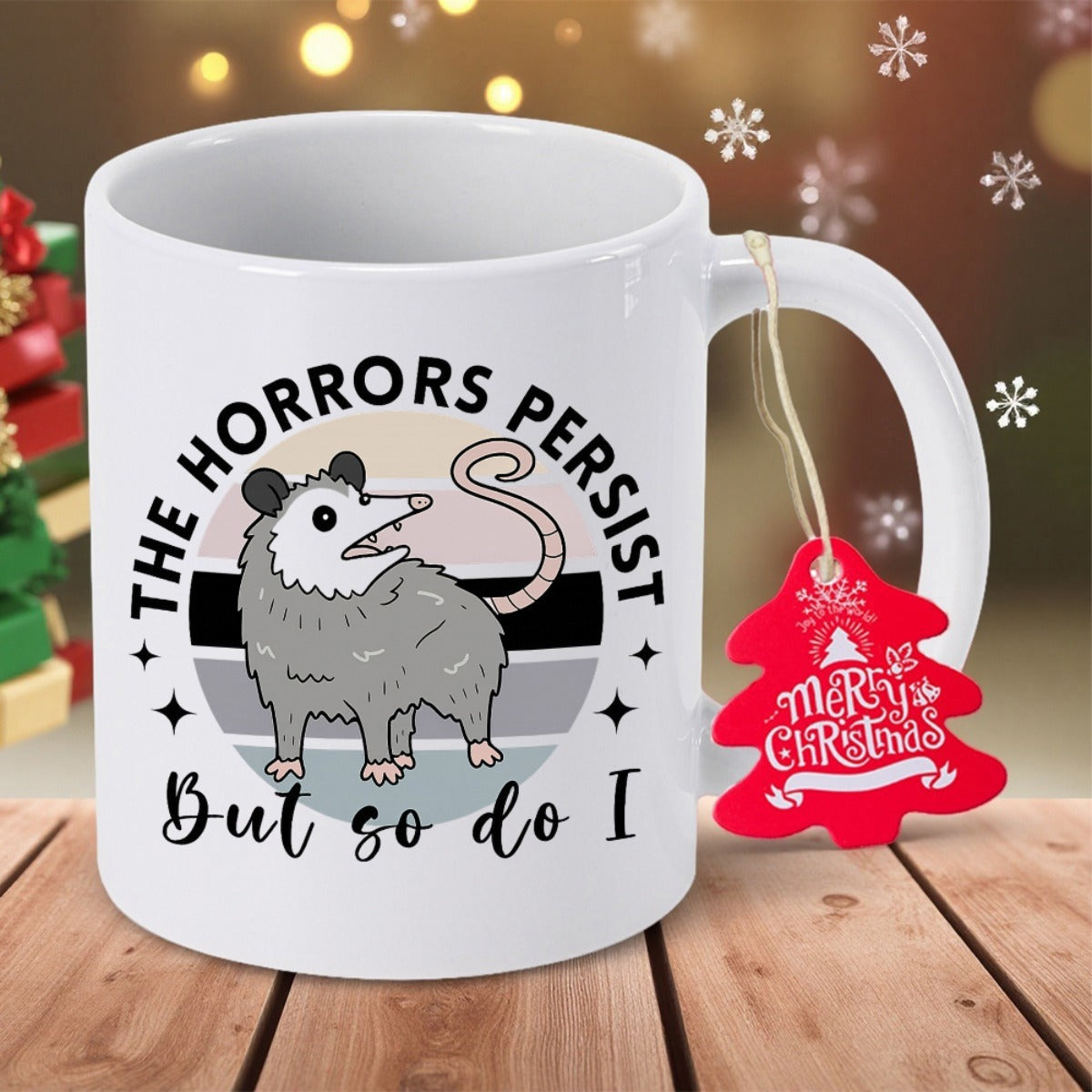Tailorly White Ceramic 11 oz Mug - The Horrors Persist But So Do I Vintage Retro Sunset Background Featuring A Grumpy Cartoon Opossum With Stars Opossum