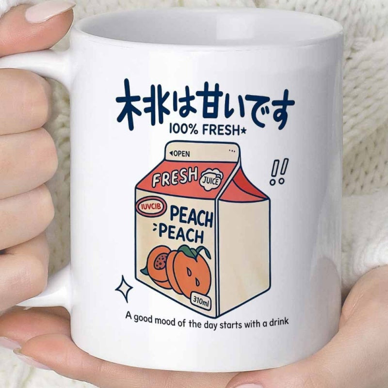 Tailorly White Ceramic 11 oz Mug - One Hundred Percent Fresh Peach Peach A Good Mood Of The Day Starts With A Drink Retro Style Japanese Beverage Packaging With