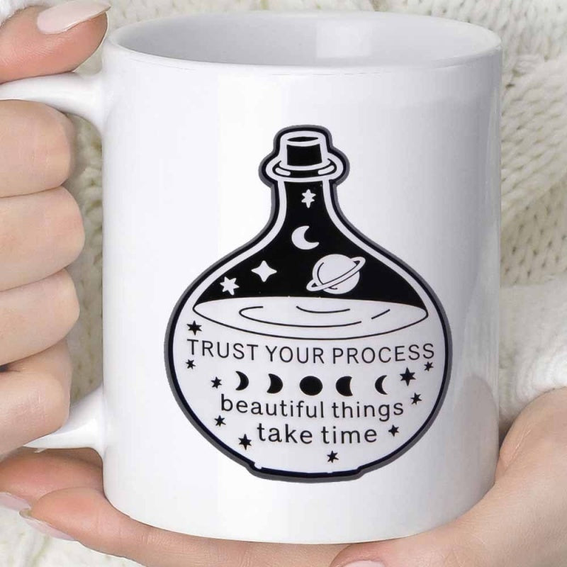 Tailorly White Ceramic 11 oz Mug - Trust Your Process Beautiful Things Take Time Celestial Potion With Moon Phases Stars And Glowing Galaxy Bottle
