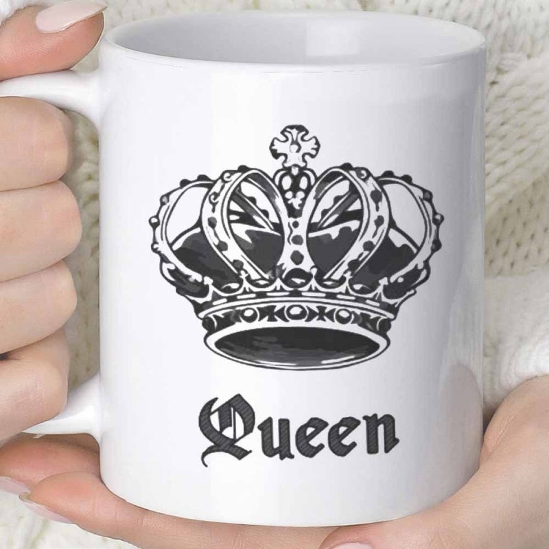 Tailorly White Ceramic 11 oz Mug - Queen Ornate Vintage Royal Style With Detailed Black Imperial Gothic Crown