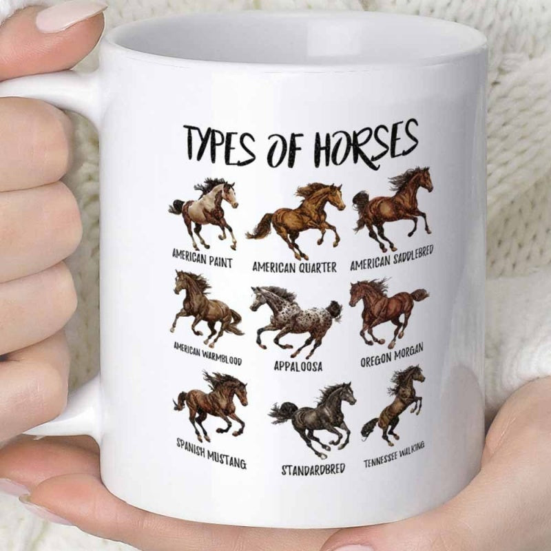 Tailorly White Ceramic 11 oz Mug - Types Of Horses Detailed Illustrations Of Galloping Breeds Among Minimal White Background Horse