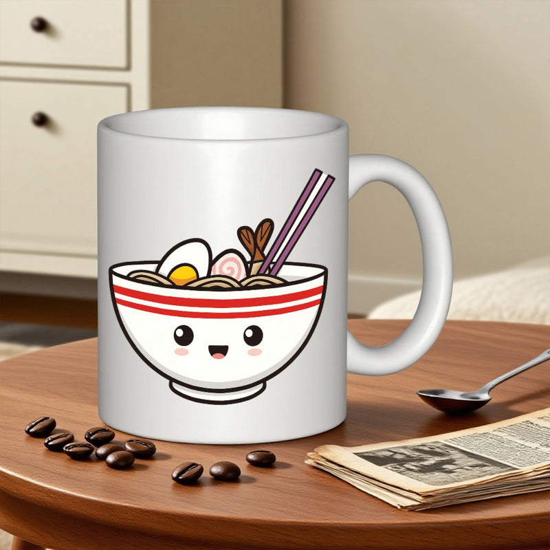 Tailorly White Ceramic 11 oz Mug - Cute Kawaii Style Smiling Noodle Bowl With Toppings And Chopsticks Ramen