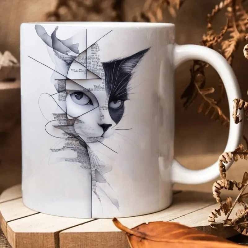 Tailorly White Ceramic 11 oz Mug - Abstract Artistic Geometric Lines Sketch Style Monochromatic Feline With Sharp Piercing Eyes Cat