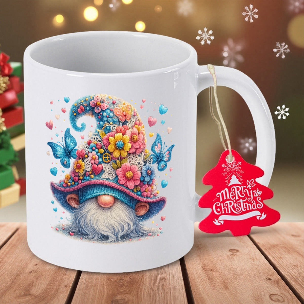 Tailorly White Ceramic 11 oz Mug - Merry Christmas Colorful Blooming Flowers Covering A Pointy Hat With Blue Butterflies Among Hearts Gnome