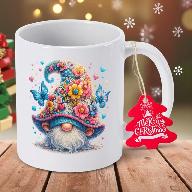 Tailorly White Ceramic 11 oz Mug - Merry Christmas Colorful Blooming Flowers Covering A Pointy Hat With Blue Butterflies Among Hearts Gnome