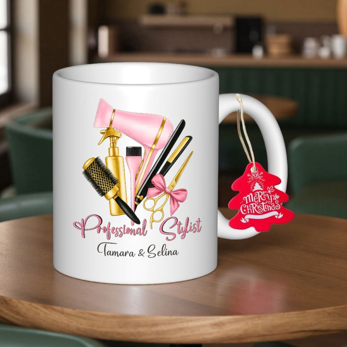 Tailorly White Ceramic 11 oz Mug - Professional Stylist Tamara Selina Elegant Pink Hair Dryer With Golden Salon Accessories And Pretty Ribbon Set