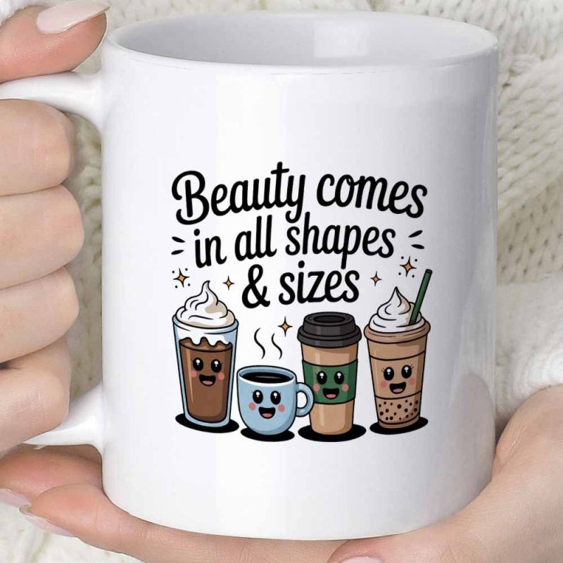 Tailorly White Ceramic 11 oz Mug - Beauty Comes In All Shapes Sizes Kawaii Smiling Beverage Cups With Different Toppings And Cute Expressions Drink