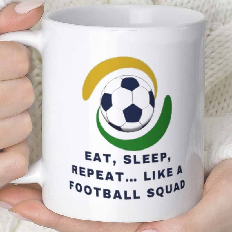 Tailorly White Ceramic 11 oz Mug - Eat Sleep Repeat Like A Football Squad Classic Geometric Football Surrounded By Vibrant Yellow And Green Artistic Swooshes
