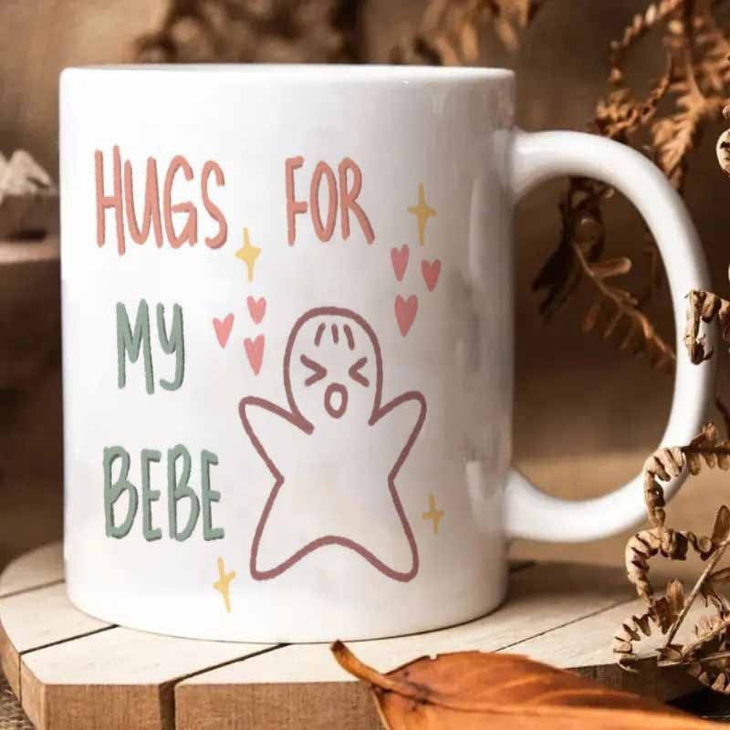 Tailorly White Ceramic 11 oz Mug - Hugs For My Bebe Cute Cartoon Character Surrounded By Floating Pink Hearts And Small Stars Mug