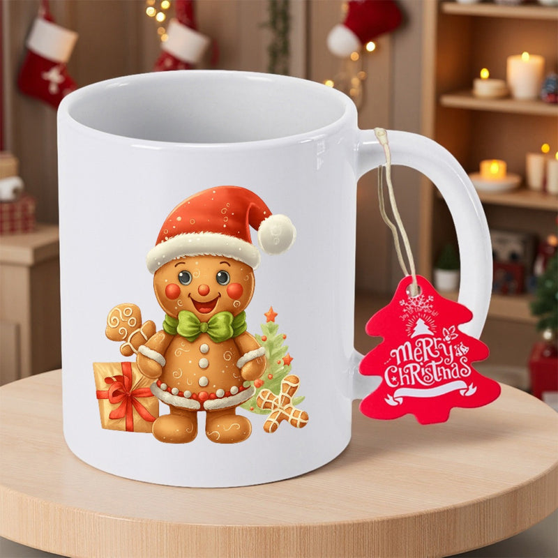 Tailorly White Ceramic 11 oz Mug - Merry Christmas Festive Smiling Character With Red Santa Hat And Green Bow Tie Gingerbread Man