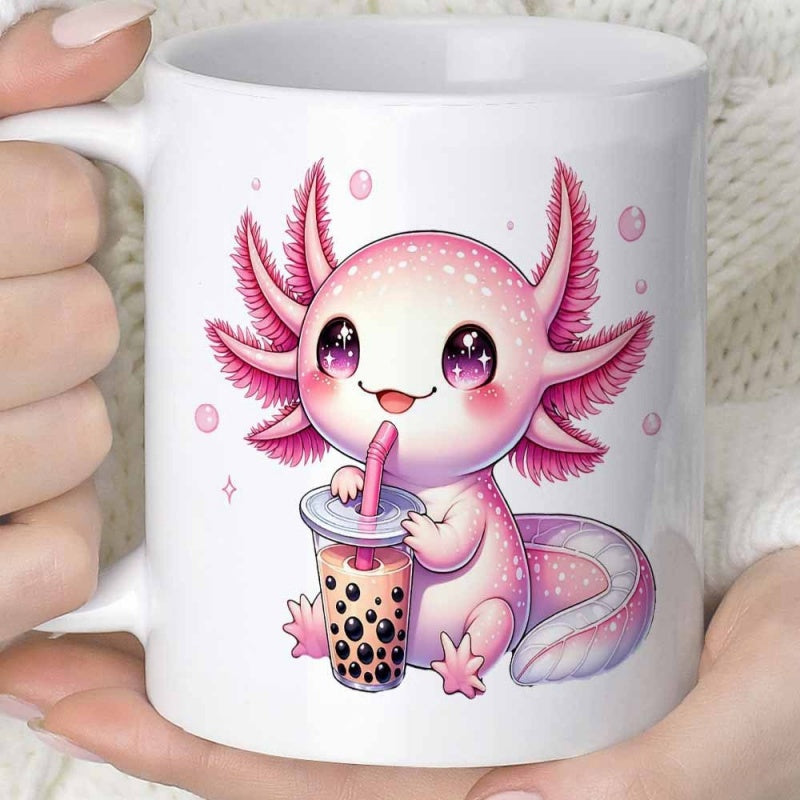 Tailorly White Ceramic 11 oz Mug - Adorable Pink Cartoon Creature Sipping Delicious Pearl Milk Tea From A Cup Axolotl