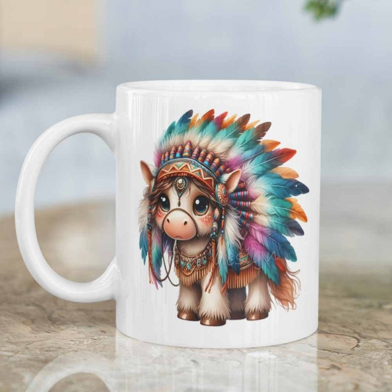 Tailorly White Ceramic 11 oz Mug - Cute Little Pony Wearing Vibrant Rainbow Feathered Headdress With Ethnic Jewelry Pony