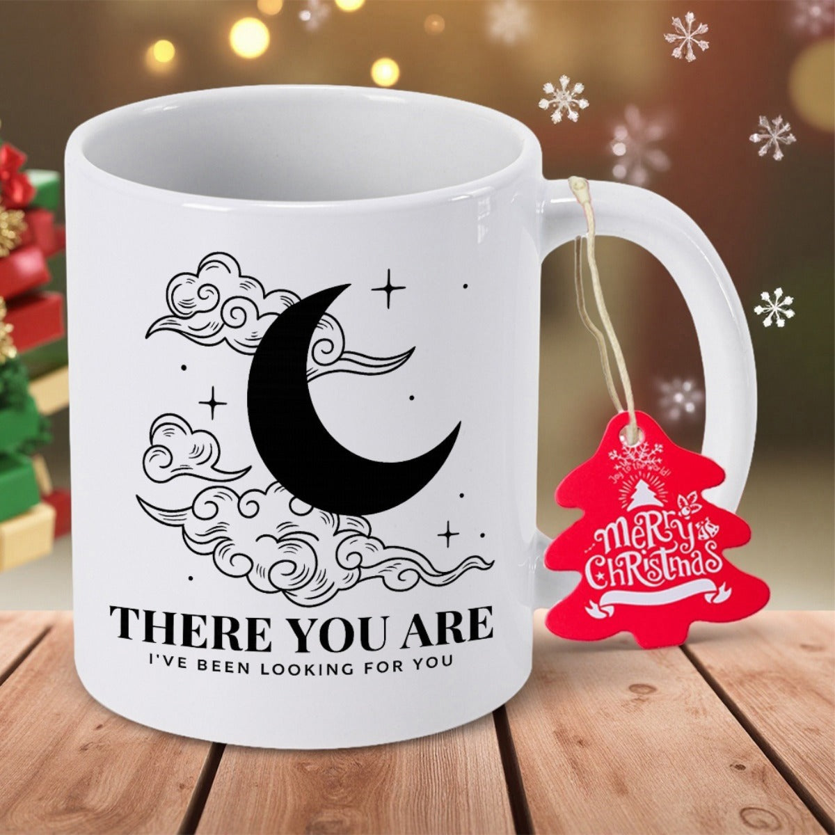 Tailorly White Ceramic 11 oz Mug - There You Are I've Been Looking For You Mystical Black Silhouette Among Swirling Decorative Lines And Stars Moon