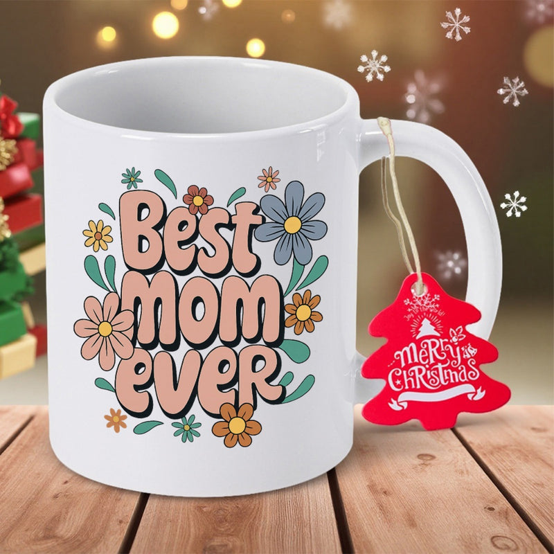 Tailorly White Ceramic 11 oz Mug - Best Mom Ever Colorful Retro Daisy Patterns Blossoming Around Groovy Vintage Inspired Lettering Flower