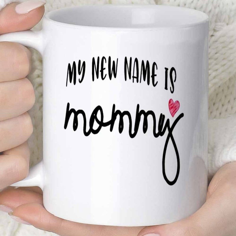 Tailorly White Ceramic 11 oz Mug - My New Name Is Mommy Elegant Script Text Featuring A Small Painted Red Heart