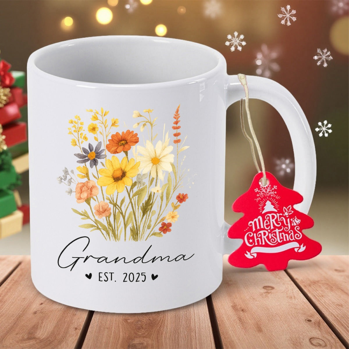 Tailorly White Ceramic 11 oz Mug - Grandma Est 2025 Merry Christmas Elegant Watercolor Wildflowers Blooming In Vibrant Colors On Ceramic Mug