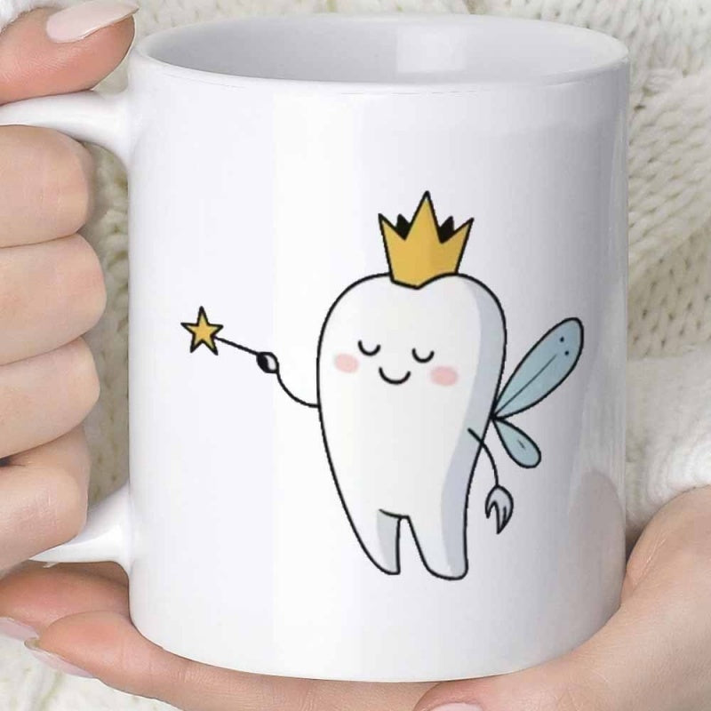 Tailorly White Ceramic 11 oz Mug - Cute Cartoon Character Wearing Golden Crown Holding Star Wand With Wings Tooth