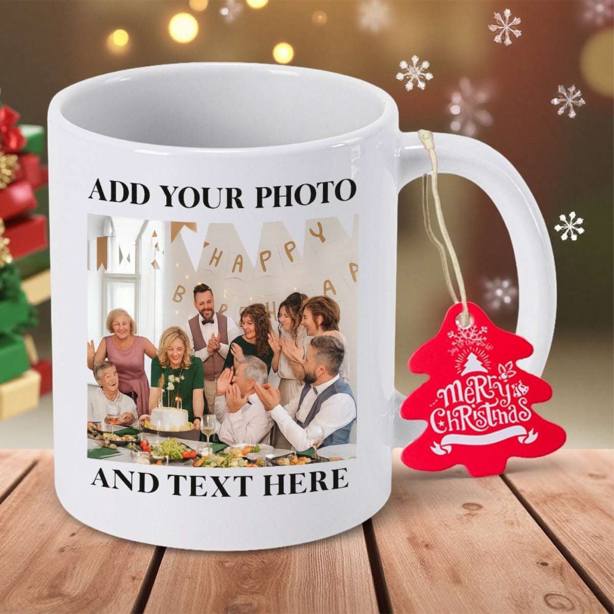 Tailorly White Ceramic 11 oz Mug - Add Your Photo And Text Here Festive Family Gathering Sharing Meal Under Holiday Lights Mug