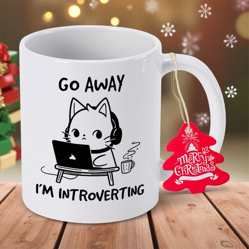 Tailorly White Ceramic 11 oz Mug - Go Away Im Introverting Minimalist Cartoon Kitten Wearing Headphones And Working On A Small Laptop Cat