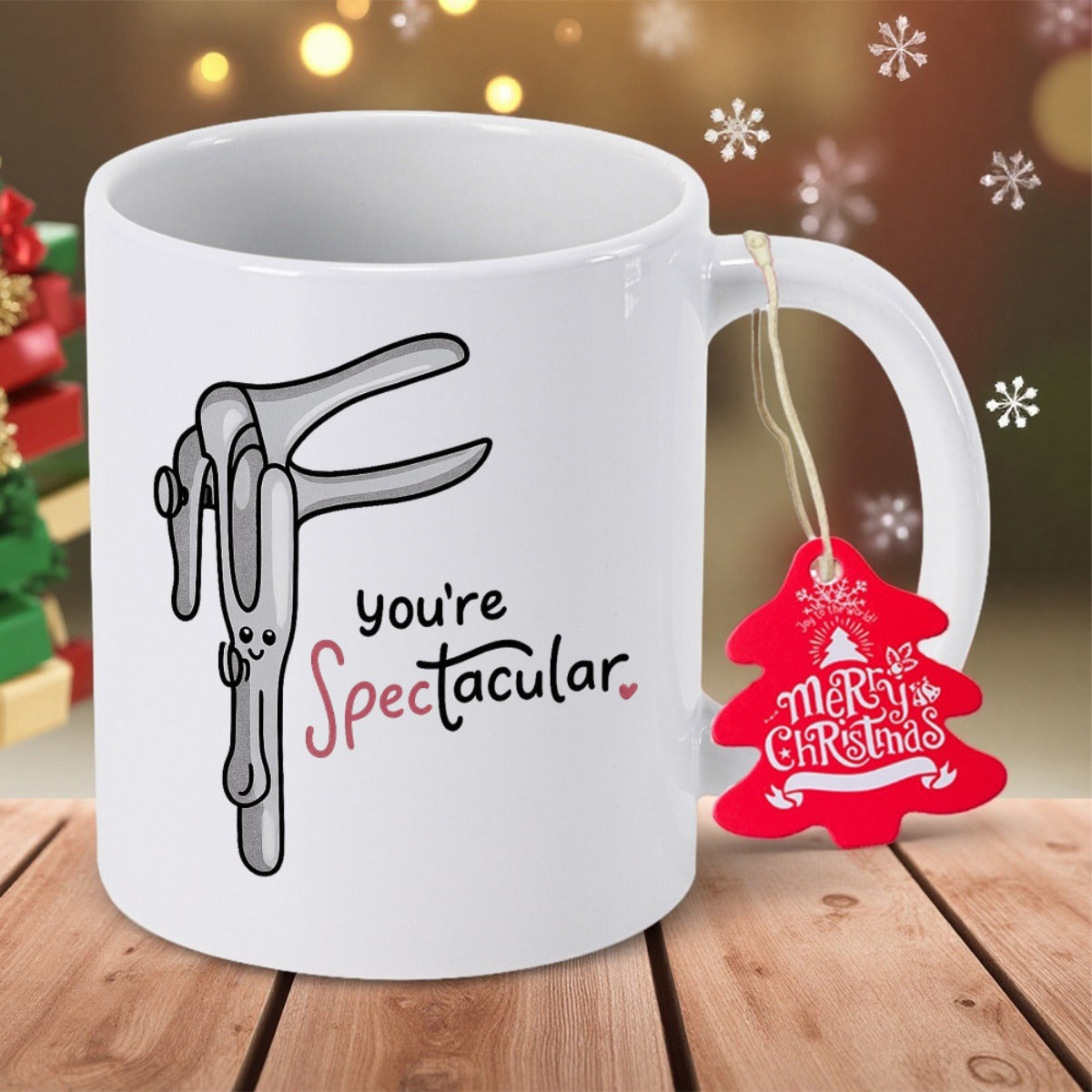 Tailorly White Ceramic 11 oz Mug - Youre Spectacular Cartoon Medical Instrument Smiling Character Among Playful Puns Speculum
