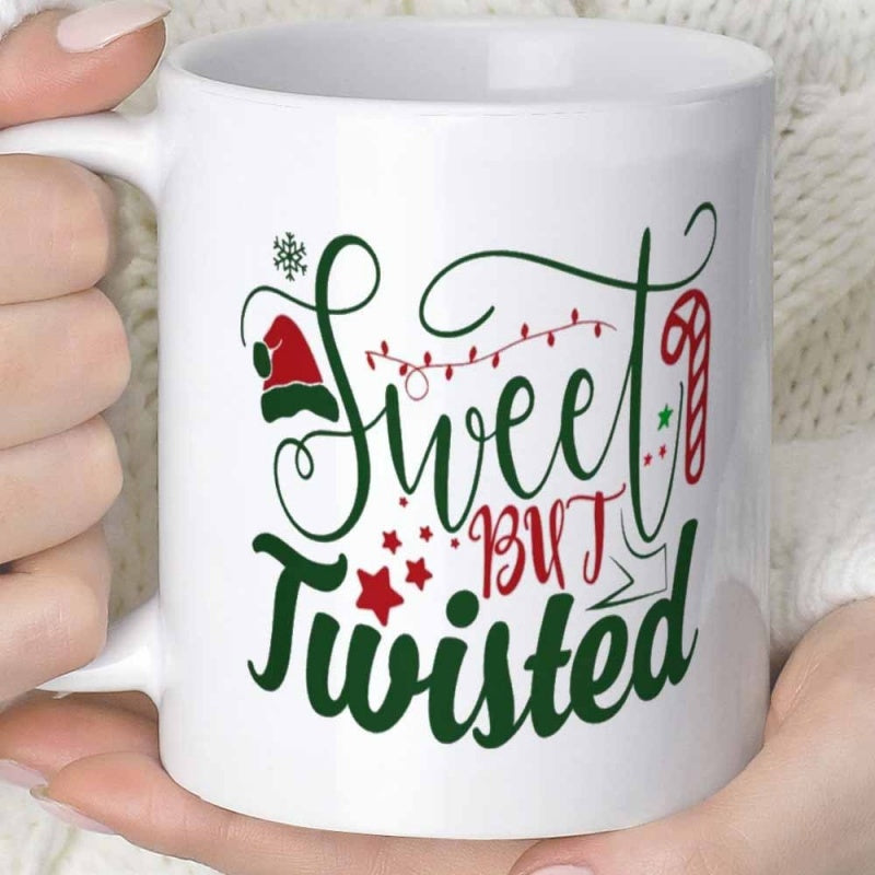 Tailorly White Ceramic 11 oz Mug - Sweet But Twisted Festive Holiday Elements Featuring Santa Hat And Red Candy Cane Graphic