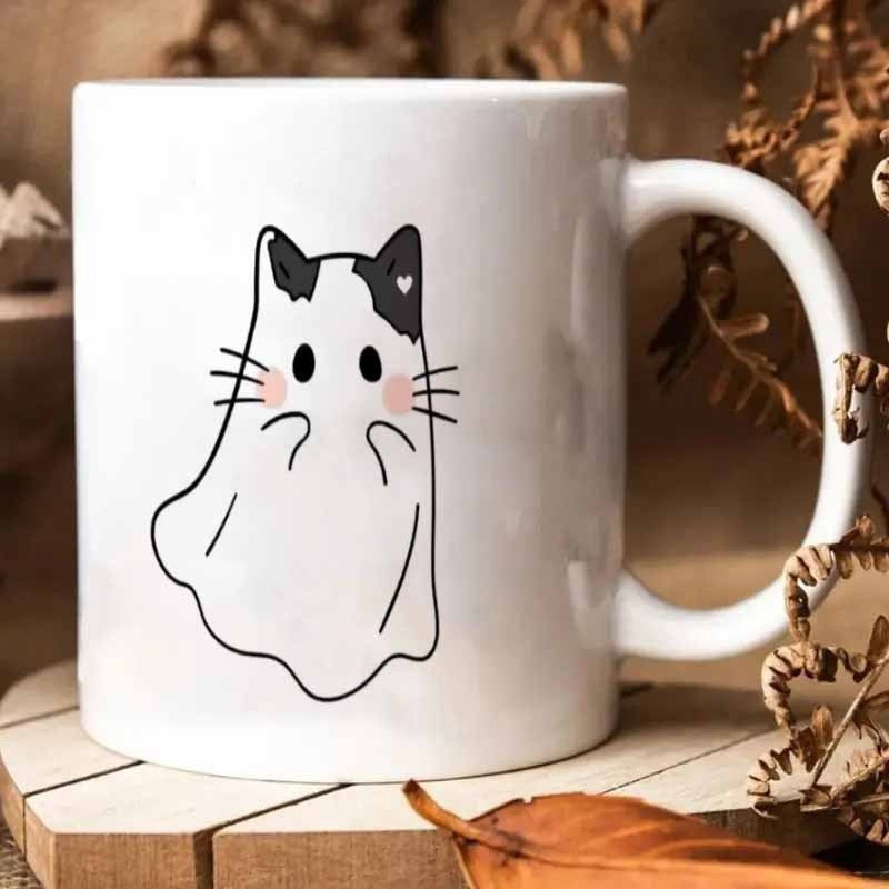 Tailorly White Ceramic 11 oz Mug - Cute Minimalist Halloween Ghost Figure Wearing White Sheet With Whiskers Cat