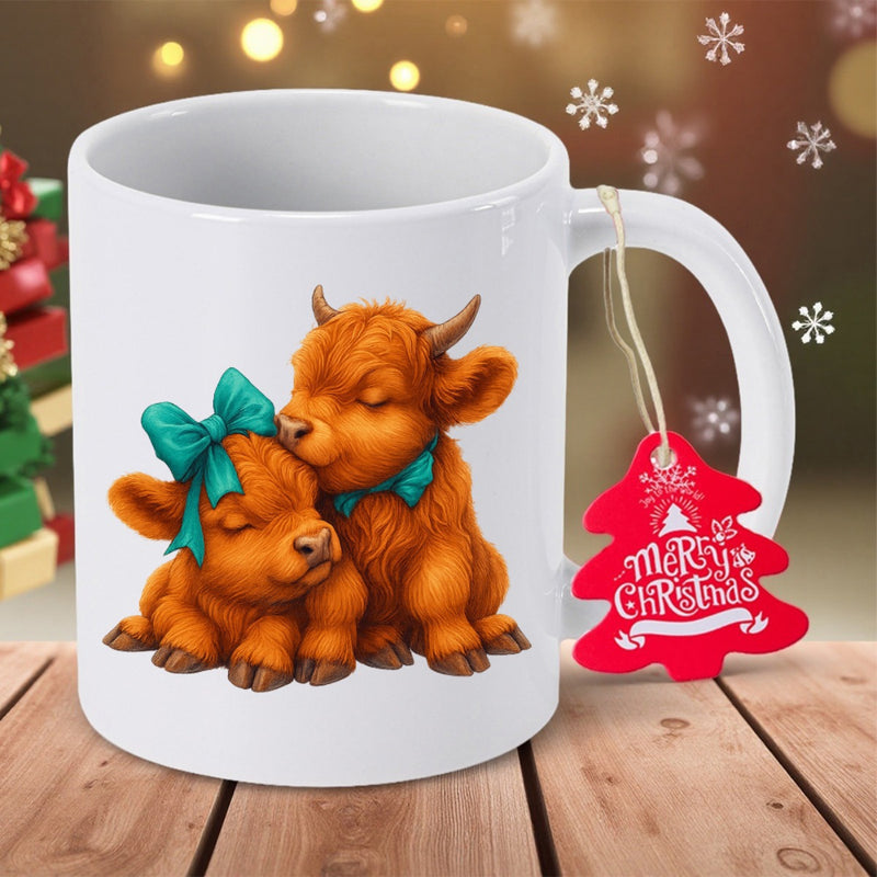 Tailorly White Ceramic 11 oz Mug - Merry Christmas Adorable Ginger Highland Cow Calves Decorated With Teal Bows Cow