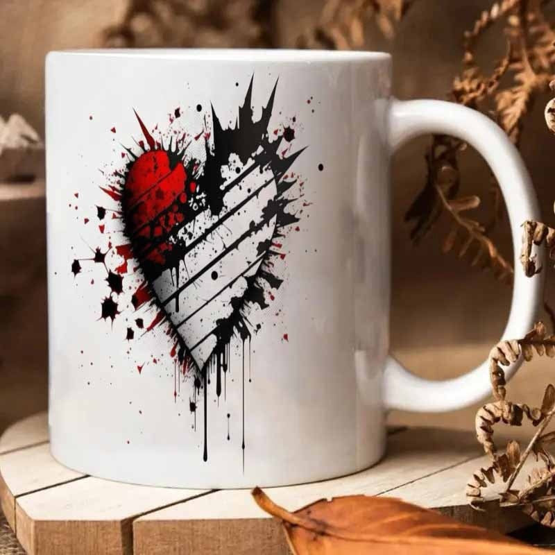 Tailorly White Ceramic 11 oz Mug - Abstract Splattered Design With Bold Stripes And Dynamic Ink Drips Heart