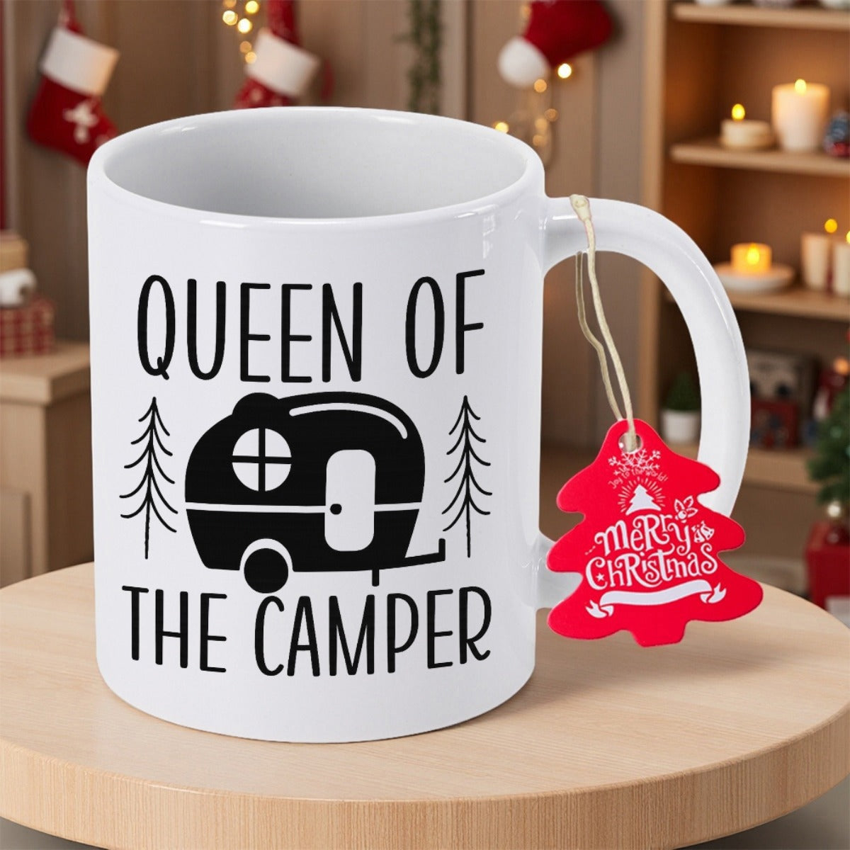 Tailorly White Ceramic 11 oz Mug - Queen Of The Camper Minimalist Silhouette Of Vintage Trailer Between Two Pine Trees Trailer