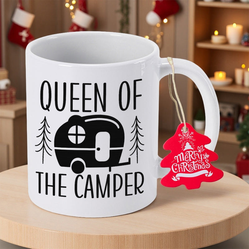 Tailorly White Ceramic 11 oz Mug - Queen Of The Camper Minimalist Silhouette Of Vintage Trailer Between Two Pine Trees Trailer