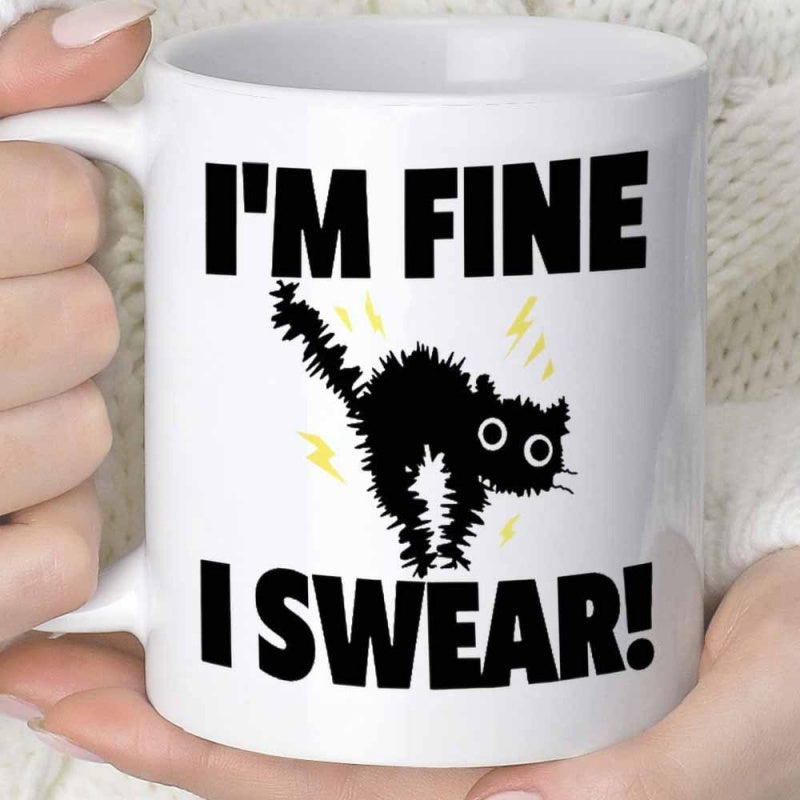Tailorly White Ceramic 11 oz Mug - Im Fine I Swear Staring Frazzled Scruffy Black Silhouette Surrounded By Yellow Sparks Cat