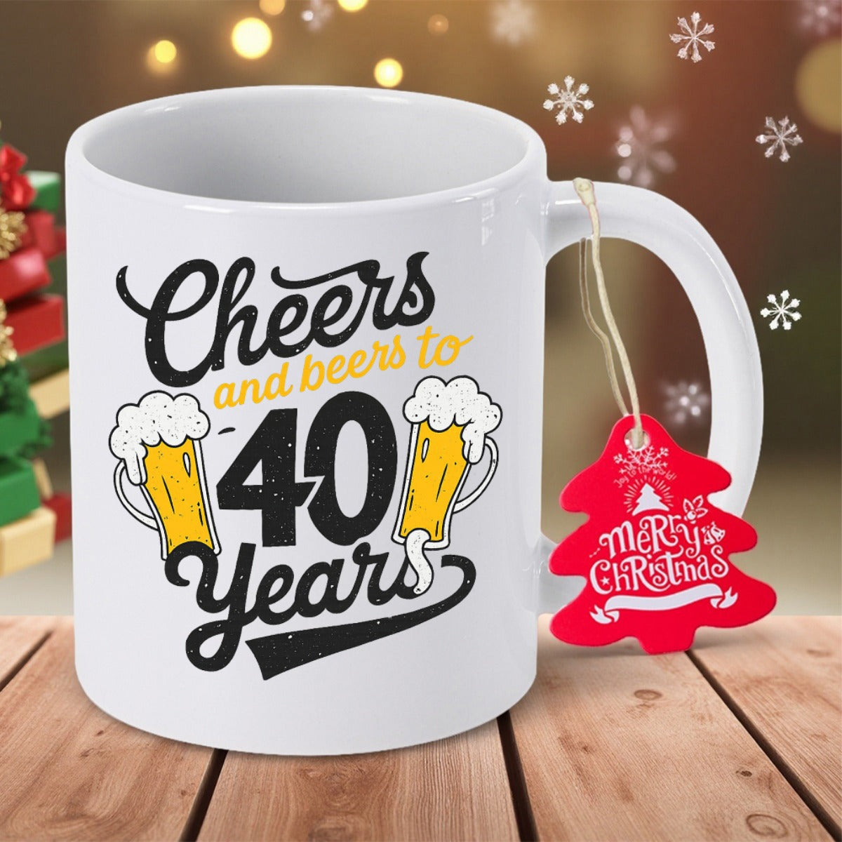 Tailorly White Ceramic 11 oz Mug - Cheers And Beers To 40 Years Merry Christmas Celebration With Frothy Yellow Beer Mugs And Bubbles Beer Mug