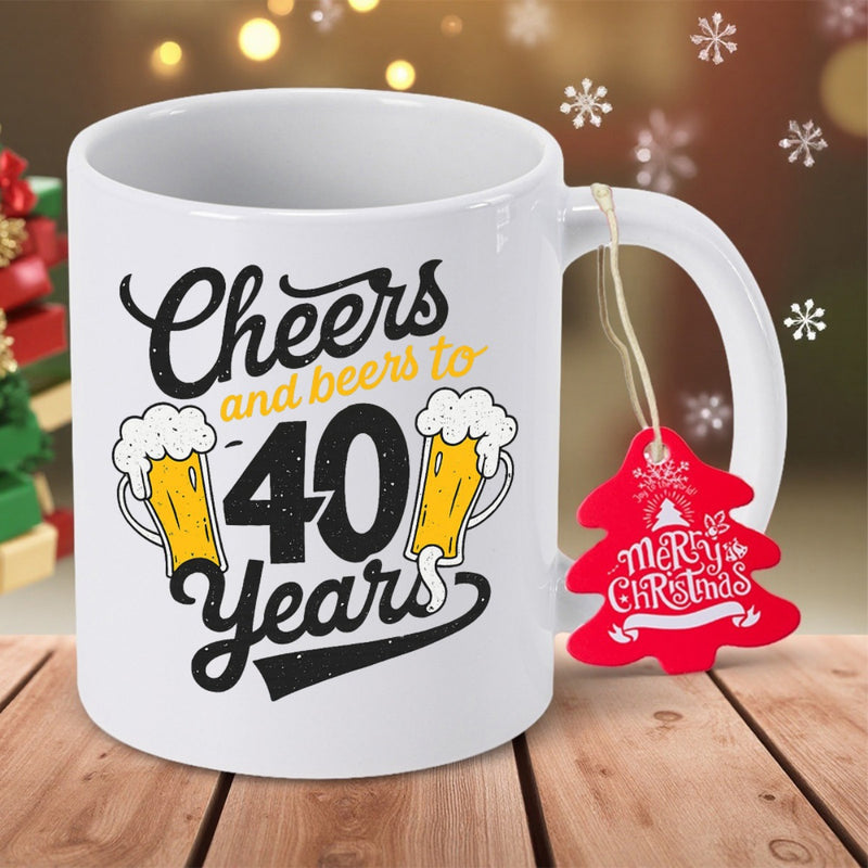 Tailorly White Ceramic 11 oz Mug - Cheers And Beers To 40 Years Merry Christmas Celebration With Frothy Yellow Beer Mugs And Bubbles Beer Mug