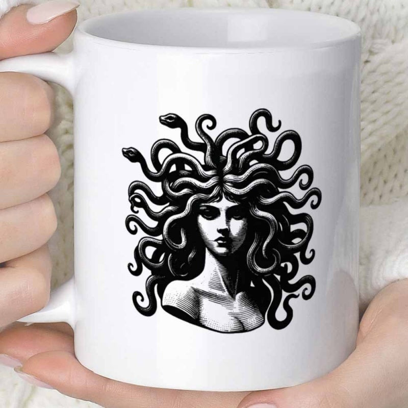 Tailorly White Ceramic 11 oz Mug - Mythological Ancient Greek Goddess With Coiling Serpents And Intense Gaze Medusa