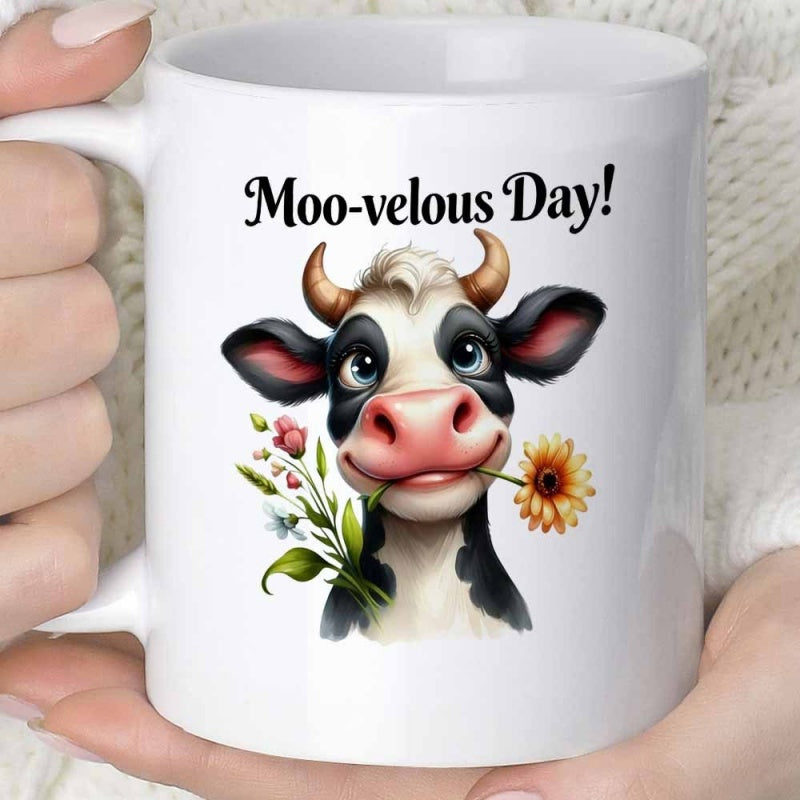 Tailorly White Ceramic 11 oz Mug - Moo-velous Day Adorable Cartoon Cow Holding Vibrant Sunflowers And Meadow Blossoms Cow