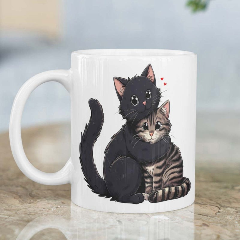 Tailorly White Ceramic 11 oz Mug - Adorable Black And Striped Tabby Feline Friends Hugging In Harmony Cat
