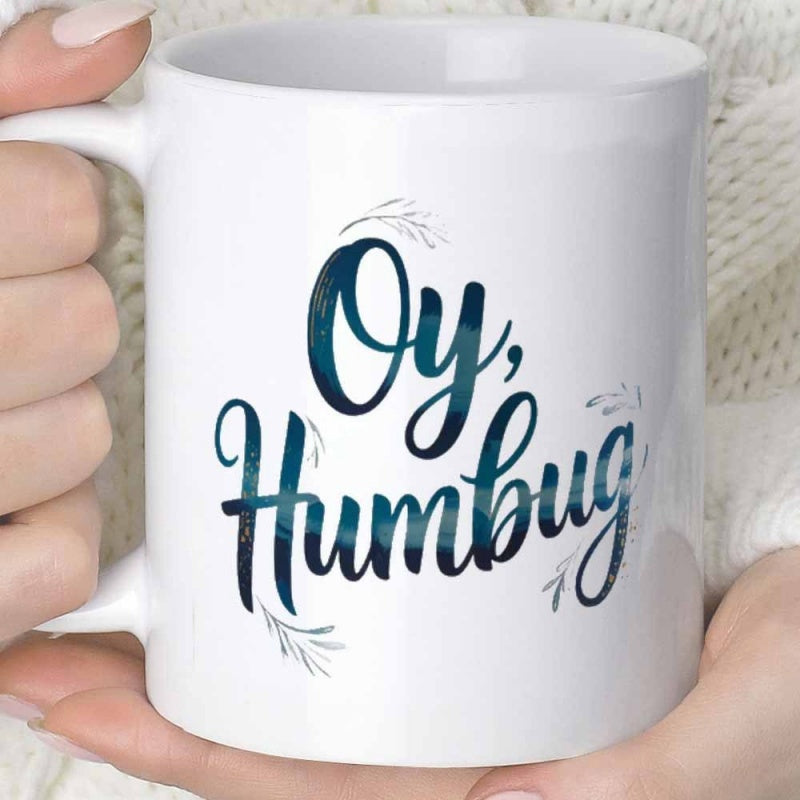 Tailorly White Ceramic 11 oz Mug - Oy Humbug Elegant Script Featuring Blue Gradient Texture With Leaf Flourishes Design