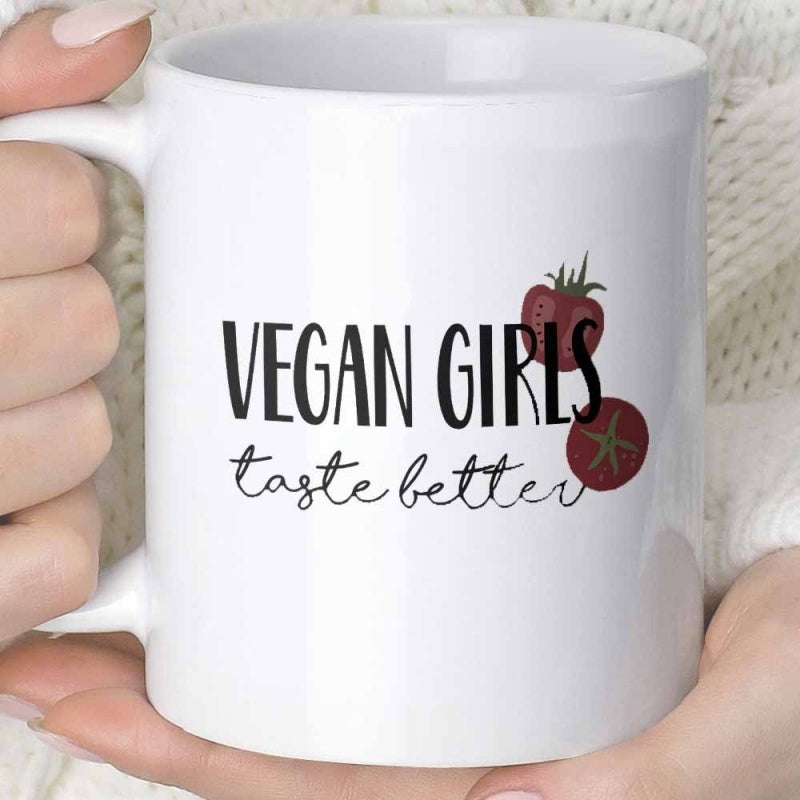 Tailorly White Ceramic 11 oz Mug - Vegan Girls Taste Better Fresh Ripe Red Organic Garden Fruit With Small Green Leaves Tomato