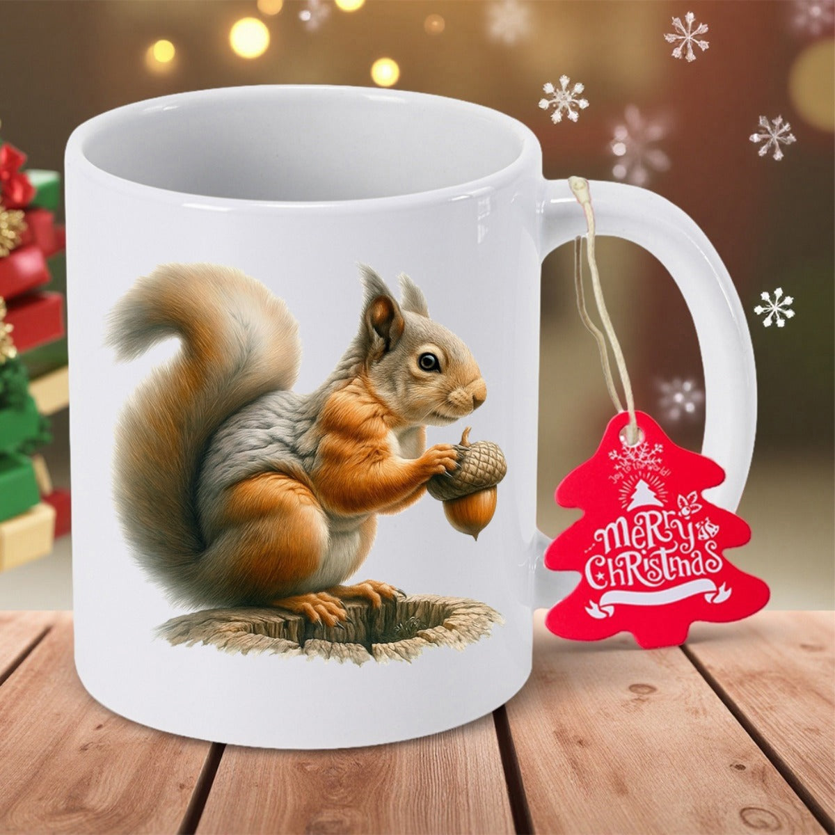 Tailorly White Ceramic 11 oz Mug - Merry Christmas Detailed Fluffy Squirrel Holding An Acorn Perched Upon A Small Tree Stump Squirrel