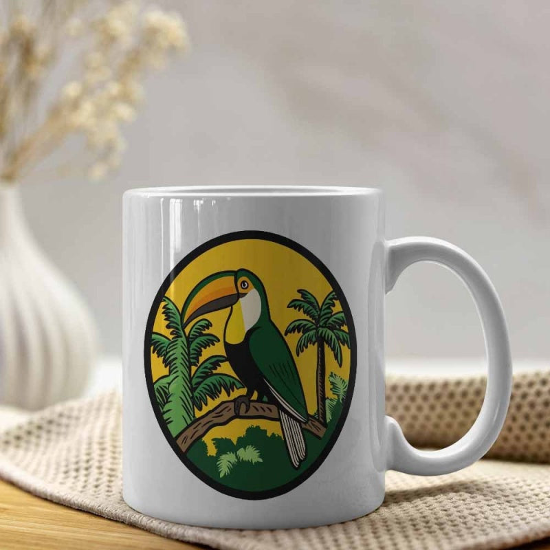 Tailorly White Ceramic 11 oz Mug - Vibrant Tropical Toucan Perched On A Branch Among Lush Palm Trees Toucan