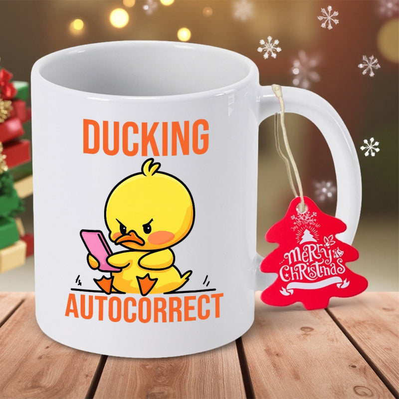 Tailorly White Ceramic 11 oz Mug - Ducking Autocorrect Small Grumpy Yellow Cartoon Duck Holding Pink Smartphone With Angry Expression Duck