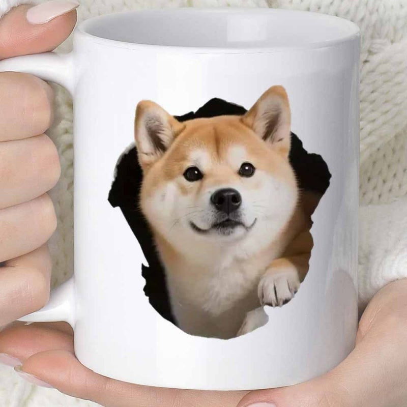 Tailorly White Ceramic 11 oz Mug - Playful Realistic Canine Peeking Through Ripped Hole Effect Shiba Inu
