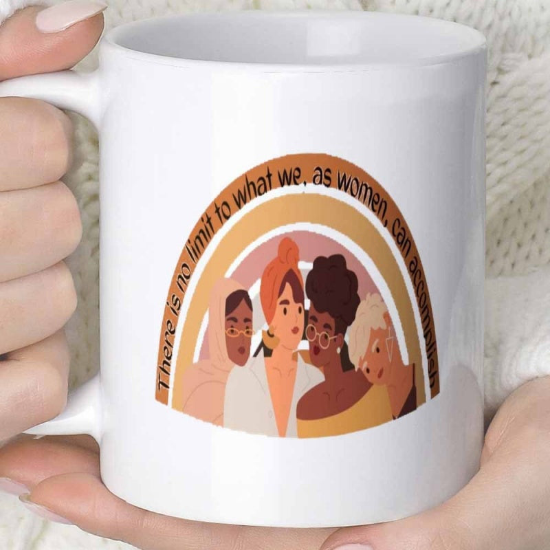 Tailorly White Ceramic 11 oz Mug - There Is No Limit To What We As Women Can Accomplish Diverse Group Of Empowered Ladies Standing Together Under A Boho Arch Women